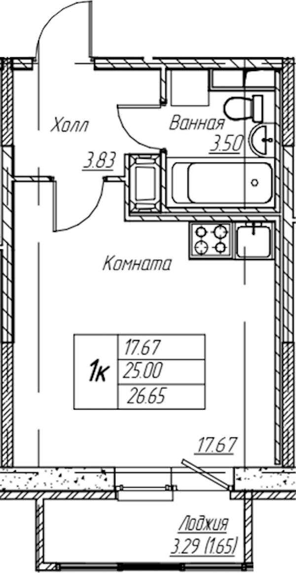 Квартира студия 26.65 м², 4/22 эт., ЖК «Парк-квартал Юнтолово»